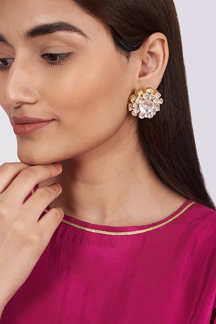 Gold Finish Kundan Polki Stud Earrings by Khushi Jewels
