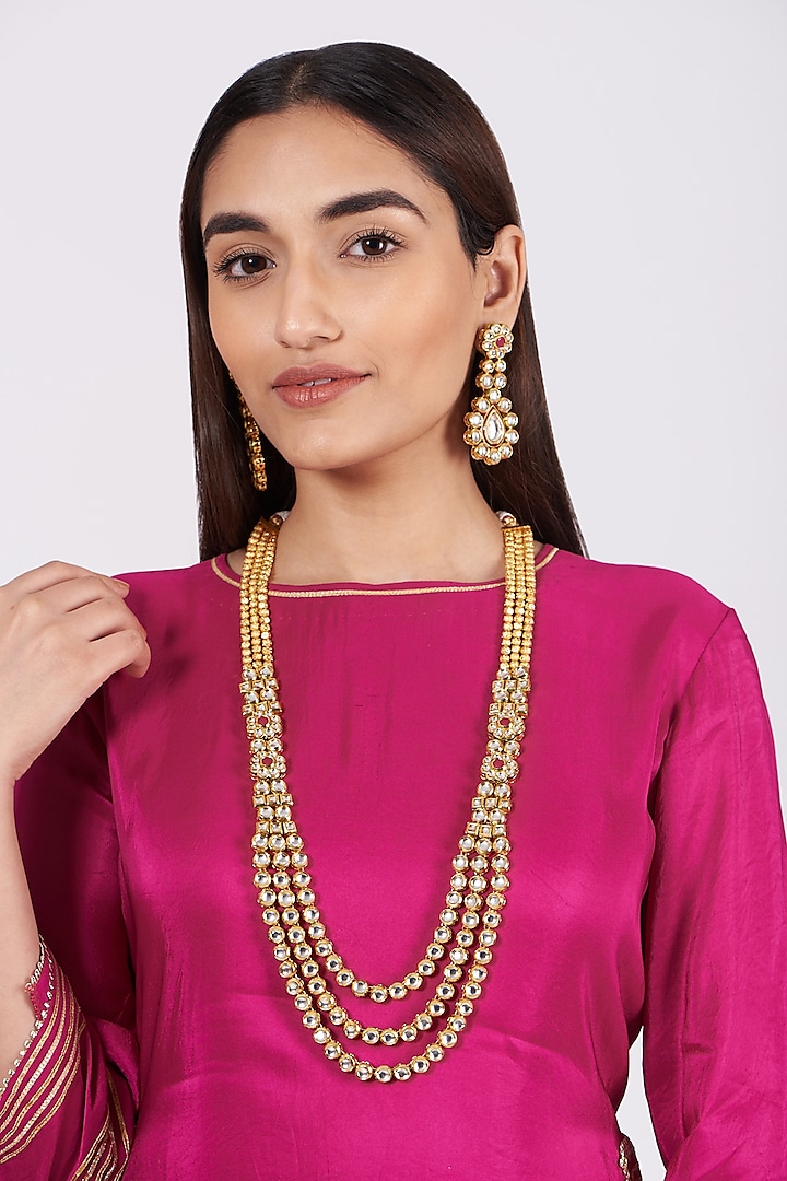Gold Finish Kundan Polki Long Necklace Set by Khushi Jewels