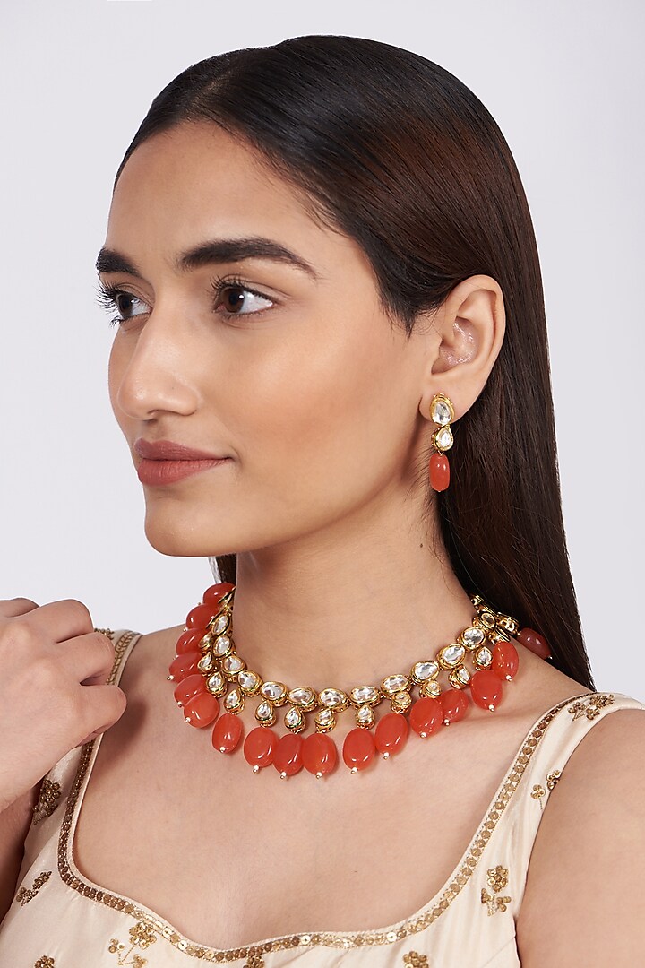 Gold Finish Coral Beaded Necklace Set by Khushi Jewels