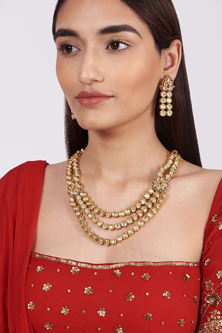 Gold Finish Long Necklace Set With Kundan Polki by Khushi Jewels