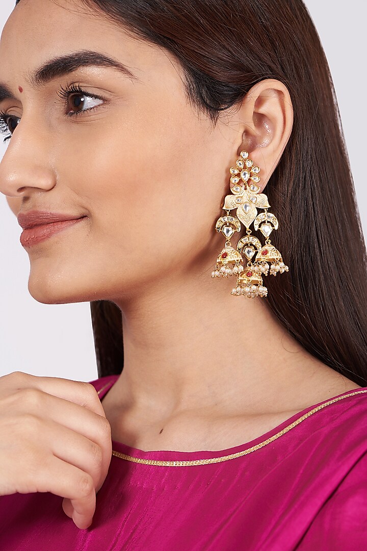 Gold Finish Kundan Polki Dangler Earrings by Khushi Jewels