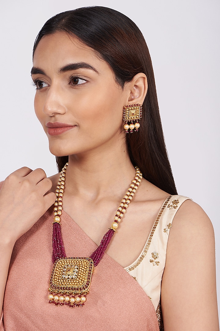 Gold Finish Pearls & Kundan Polki Long Necklace Set by Khushi Jewels