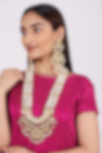 Gold Finish Pearls & Kundan Polki Long Pendant Necklace Set by Khushi Jewels
