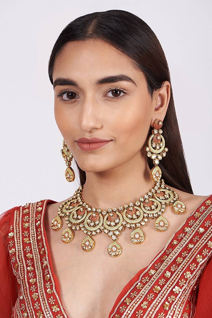 Gold Finish Necklace Set With Kundan Polki by Khushi Jewels