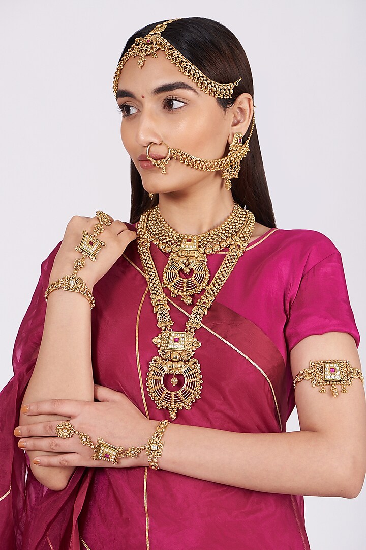 Gold Finish Kundan Polki Bridal Necklace Set by Khushi Jewels