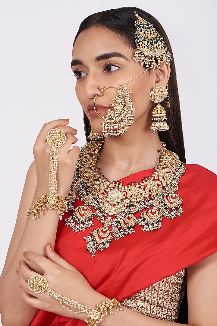 Gold Finish Bridal Necklace Set With Kundan Polki by Khushi Jewels