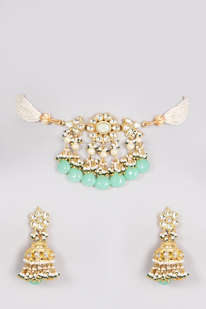 Gold Finish Kundan Polki Choker Necklace Set by Khushi Jewels at Pernia's Pop Up Shop