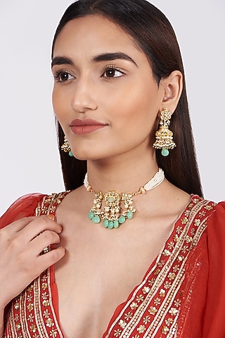 Gold Finish Kundan Polki Choker Necklace Set by Khushi Jewels