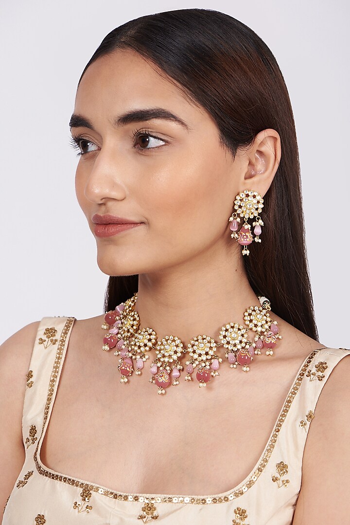 Gold Finish Kundan Polki Necklace Set by Khushi Jewels