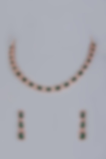 Gold Finish Green Stones & Zircons Diamonds Necklace Set by Khushi Jewels at Pernia's Pop Up Shop