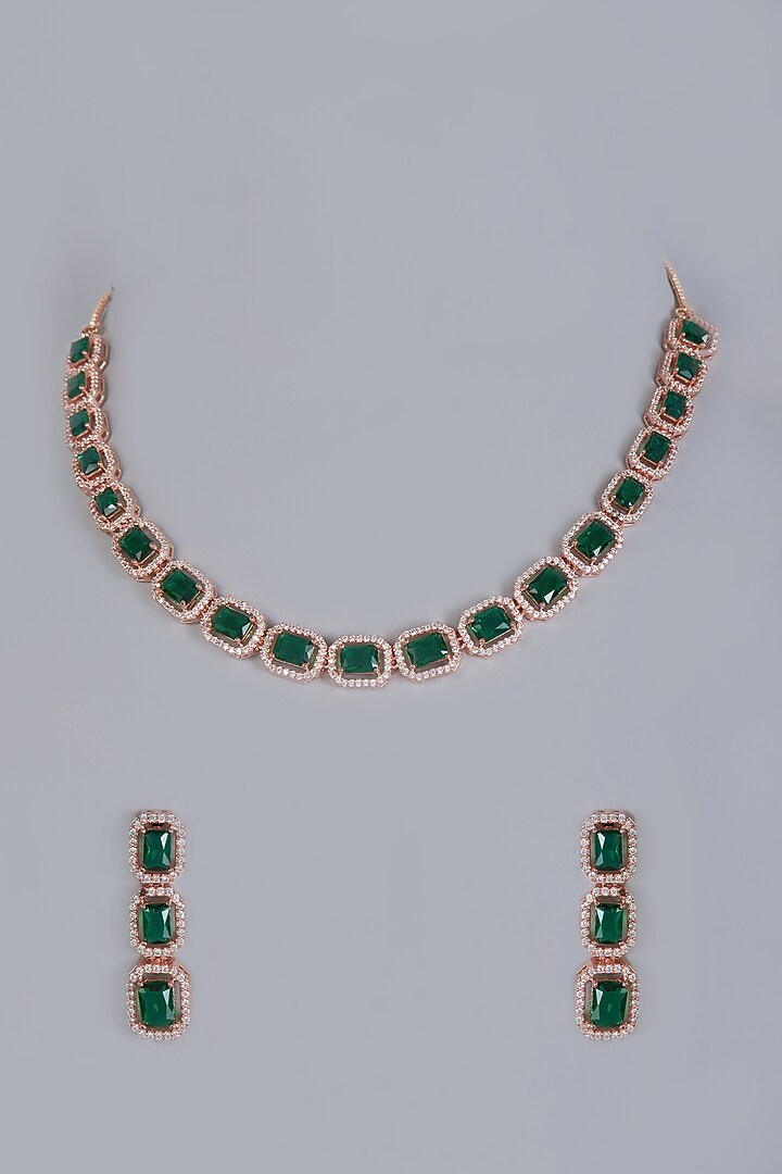 Gold Finish Green Stones & Zircons Diamonds Necklace Set by Khushi Jewels at Pernia's Pop Up Shop