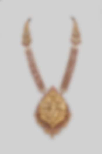 Gold Finish Long Temple Necklace In Sterling Silver by Khushi Jewels