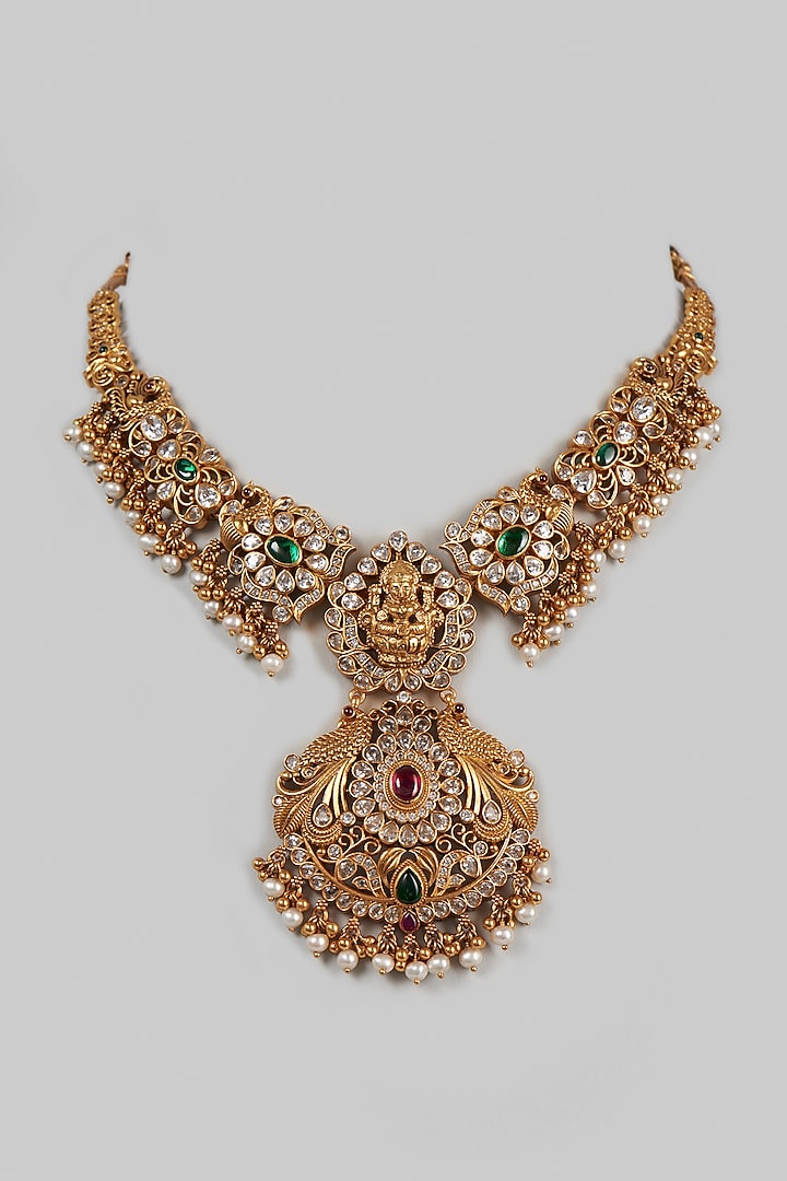 Gold Finish Temple Necklace In Sterling Silver With Semi-Precious Stones by Khushi Jewels