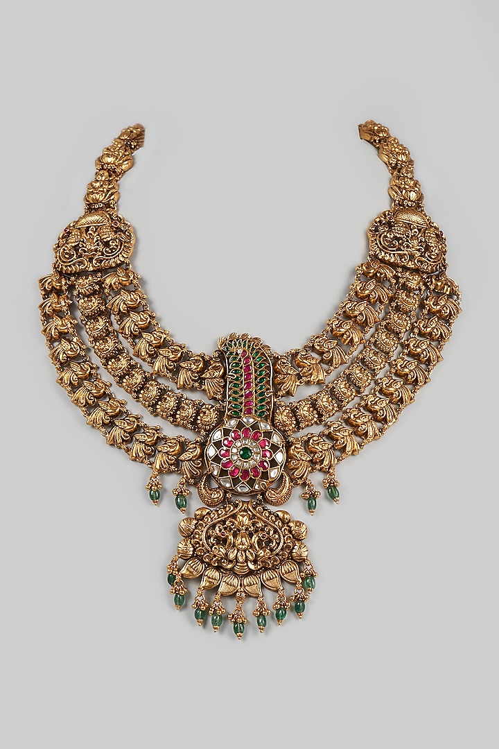 Gold Finish Long Temple Necklace In Sterling Silver With Semi-Precious Stones by Khushi Jewels