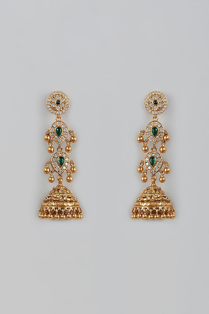 Gold Finish Temple Jhumka Earrings In Sterling Silver by Khushi Jewels