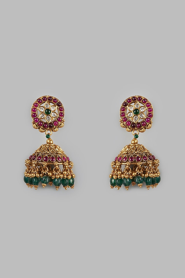 Gold Finish Jhumka Earrings In Sterling Silver by Khushi Jewels