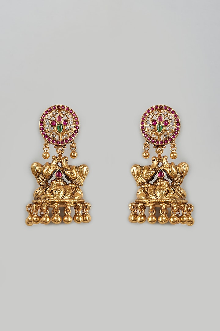 Gold Finish Jhumka Earrings In Sterling Silver With Semi-Precious Stones by Khushi Jewels