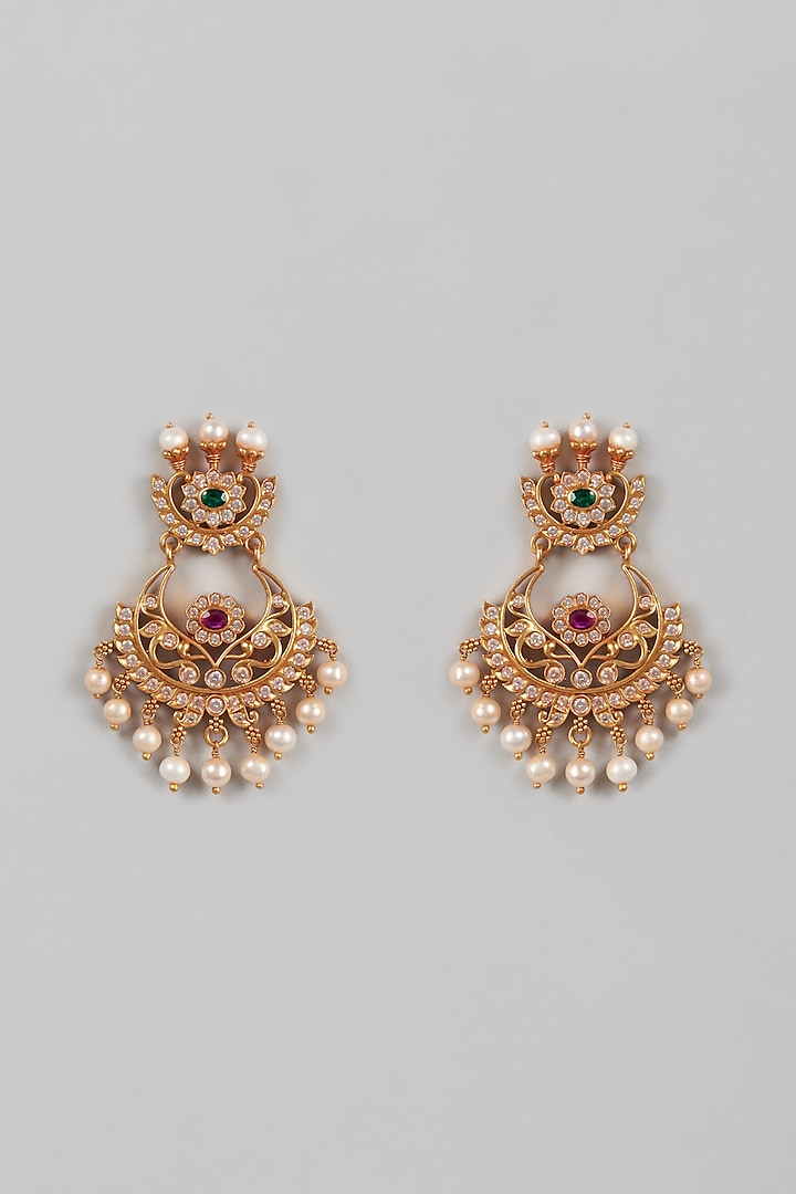 Gold Finish Temple Chandbali Earrings In Sterling Silver by Khushi Jewels