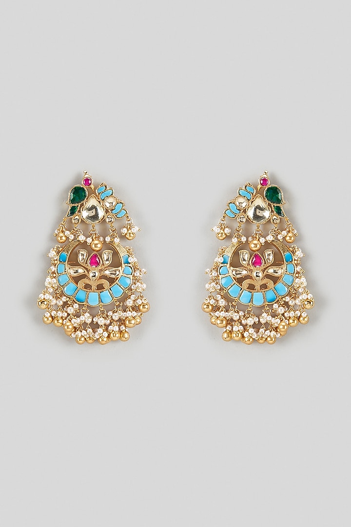 Gold Finish Kundan Polki & Blue Stone Chandbali Earrings by Khushi Jewels at Pernia's Pop Up Shop