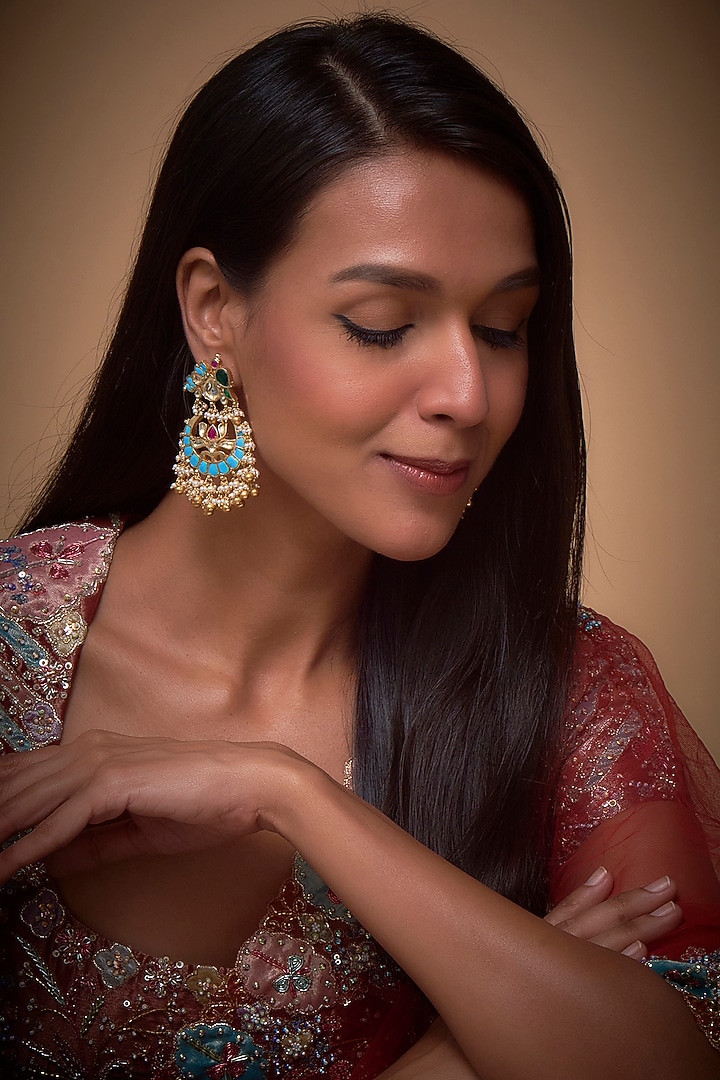 Gold Finish Kundan Polki & Blue Stone Chandbali Earrings by Khushi Jewels at Pernia's Pop Up Shop