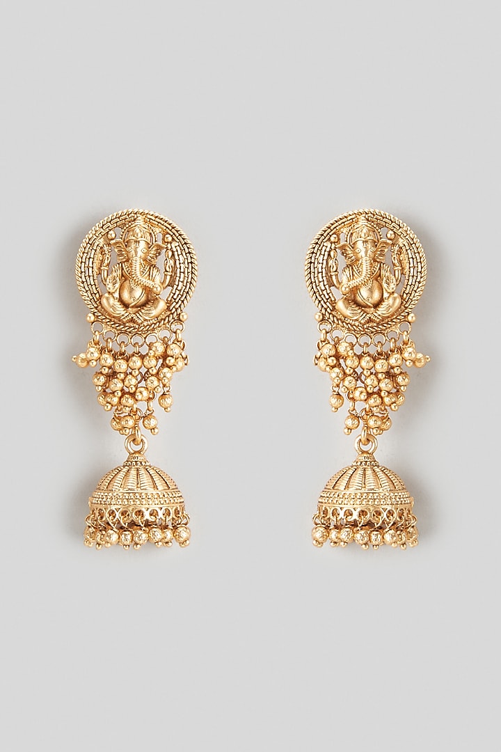 Gold Finish Lord Ganesh Temple Jhumka Earrings by Khushi Jewels at Pernia's Pop Up Shop