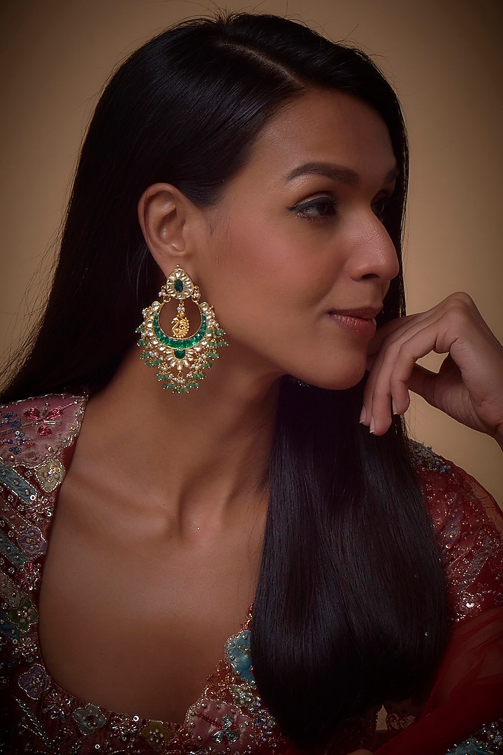 Gold Finish Kundan Polki & Green Stone Chandbali Earrings by Khushi Jewels at Pernia's Pop Up Shop