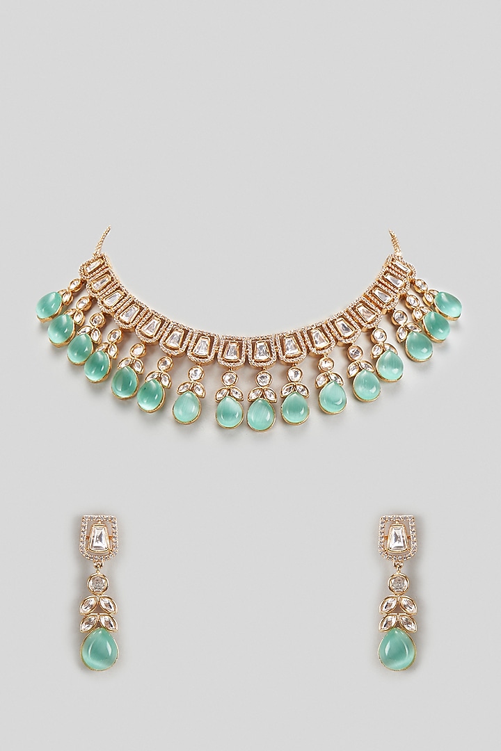 Rose Gold Finish Turquoise Stone & Kundan Polki Choker Necklace Set by Khushi Jewels at Pernia's Pop Up Shop