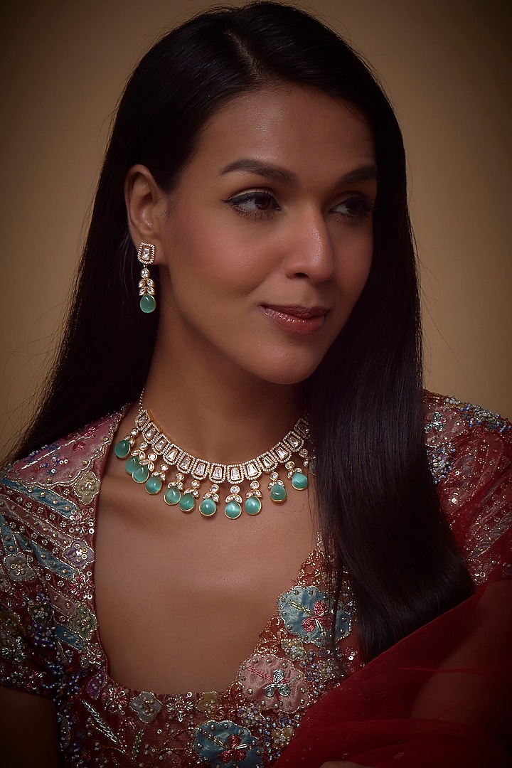 Rose Gold Finish Turquoise Stone & Kundan Polki Choker Necklace Set by Khushi Jewels at Pernia's Pop Up Shop