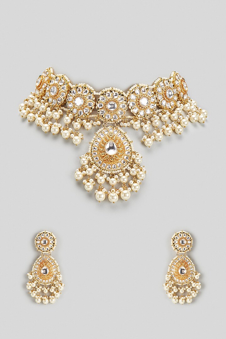 Gold Finish Kundan Polki & Pearl Drop Choker Necklace Set by Khushi Jewels at Pernia's Pop Up Shop