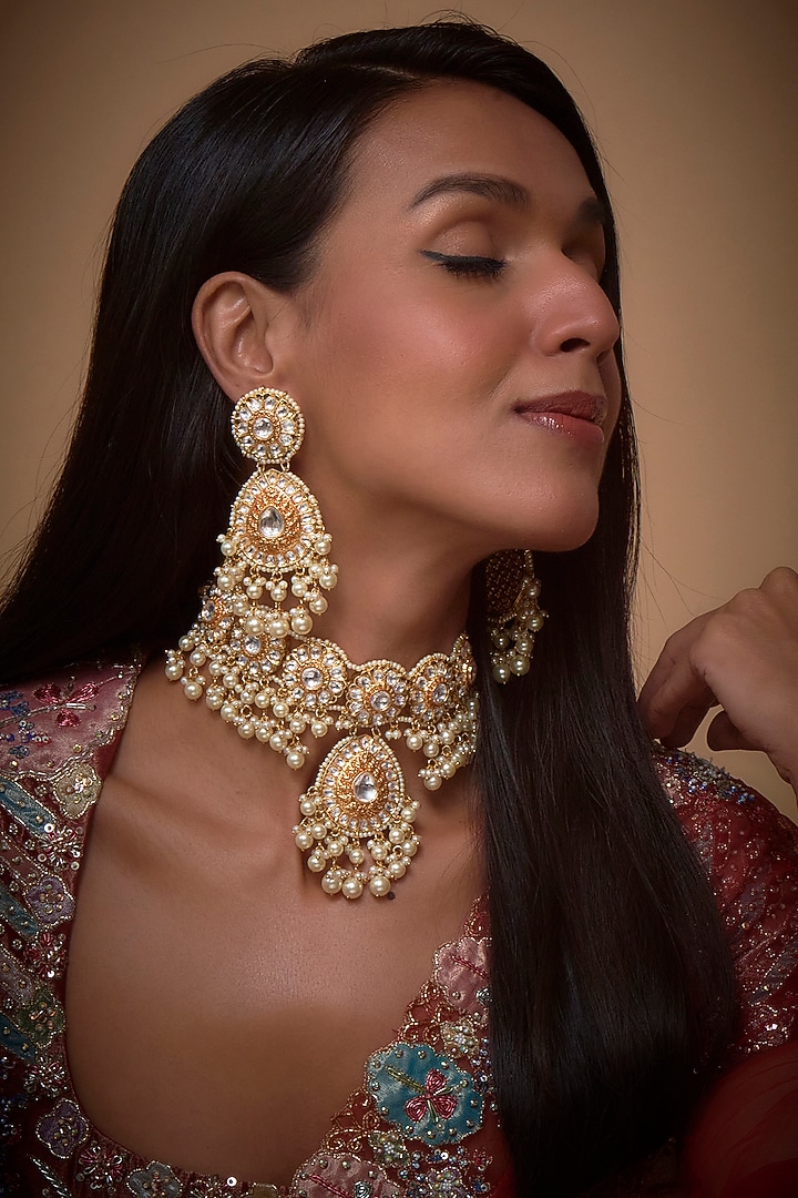 Gold Finish Kundan Polki & Pearl Drop Choker Necklace Set by Khushi Jewels at Pernia's Pop Up Shop