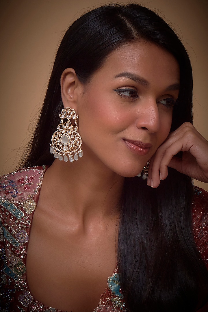Gold Finish Kundan Polki & Grey Drop Earrings by Khushi Jewels at Pernia's Pop Up Shop