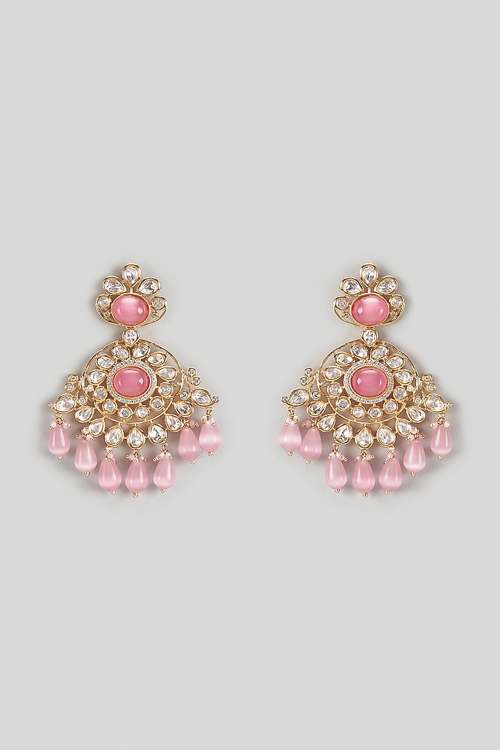 Gold Finish Kundan Polki & Pink Drop Earrings by Khushi Jewels at Pernia's Pop Up Shop