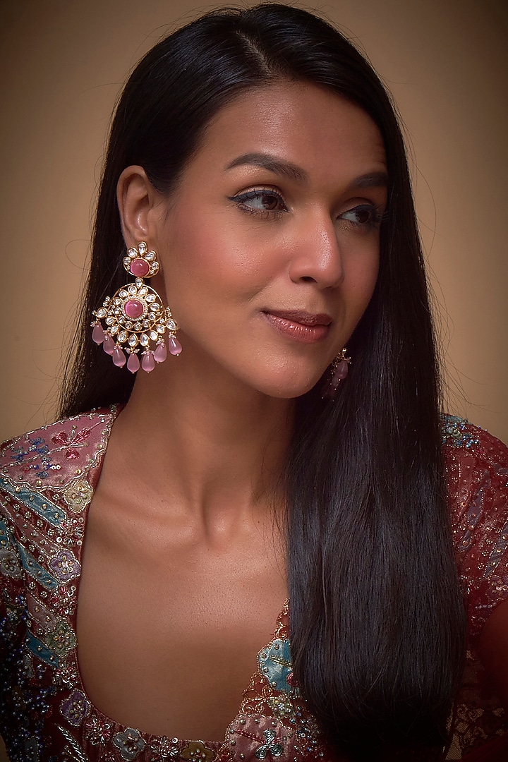 Gold Finish Kundan Polki & Pink Drop Earrings by Khushi Jewels at Pernia's Pop Up Shop