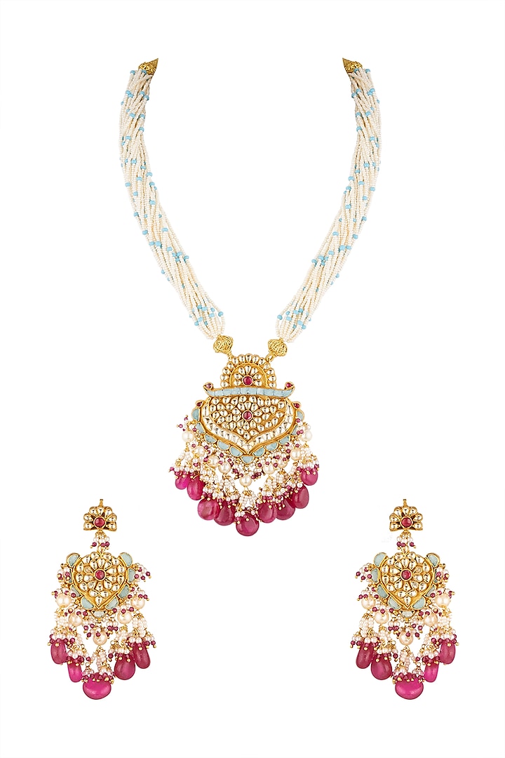 Gold Finish Ruby Beads Necklace Set by Khushi Jewels