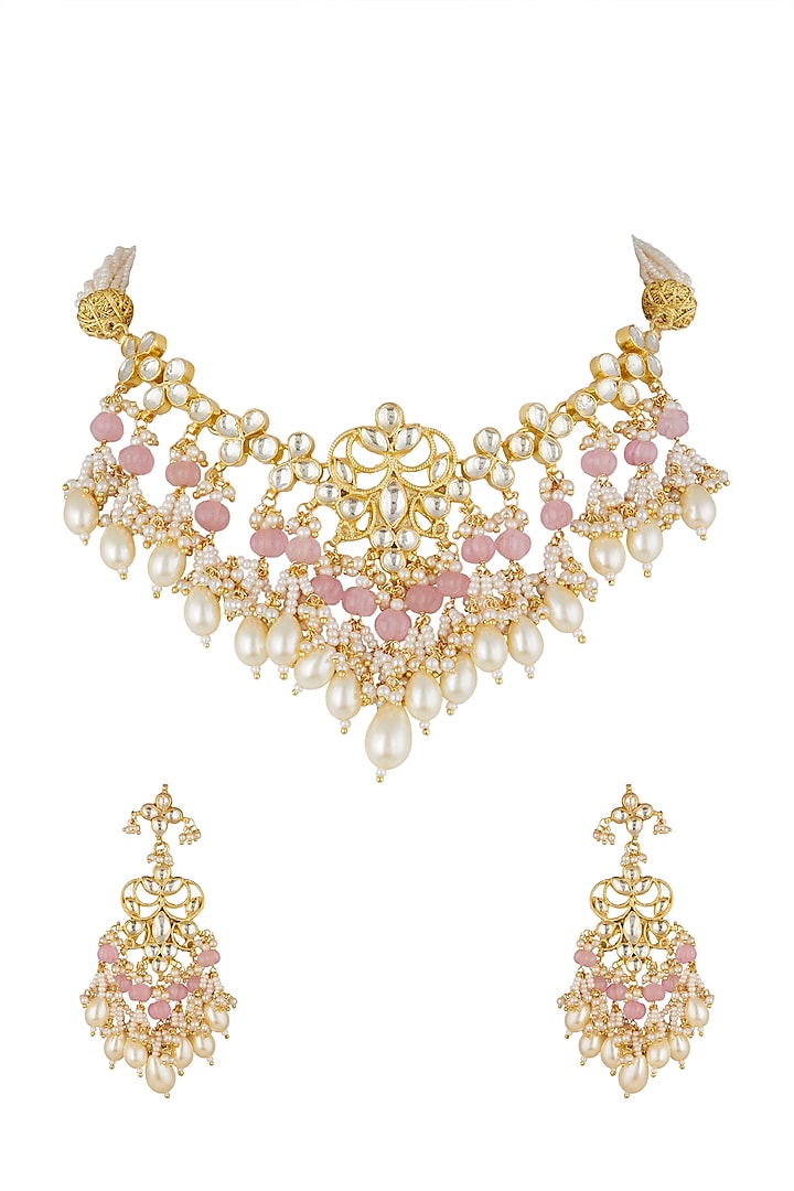 Gold Finish Kundan Choker Necklace Set by Khushi Jewels