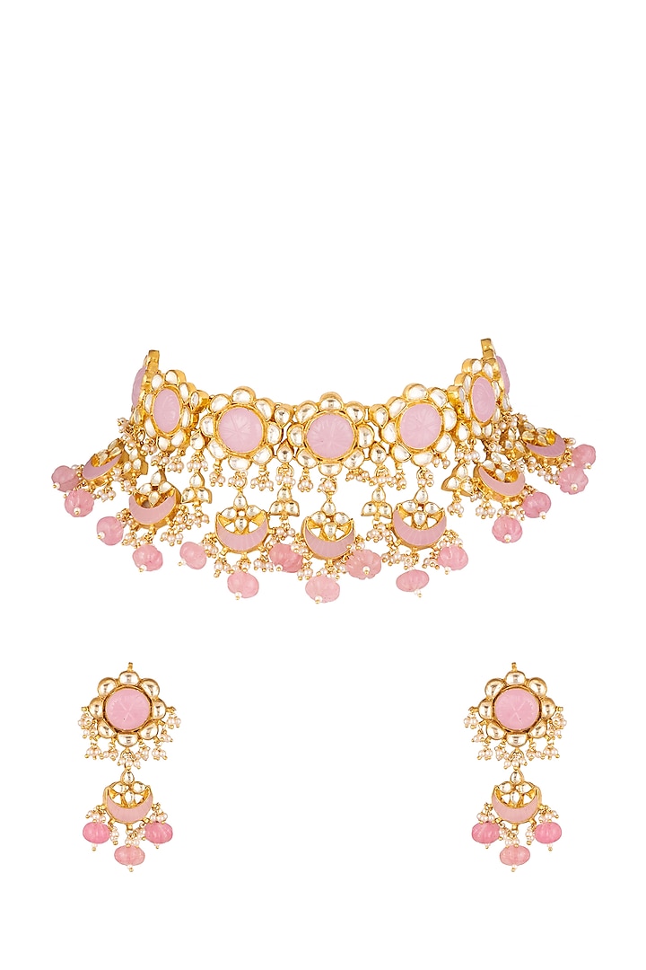 Gold Finish Kundan Necklace Set by Khushi Jewels