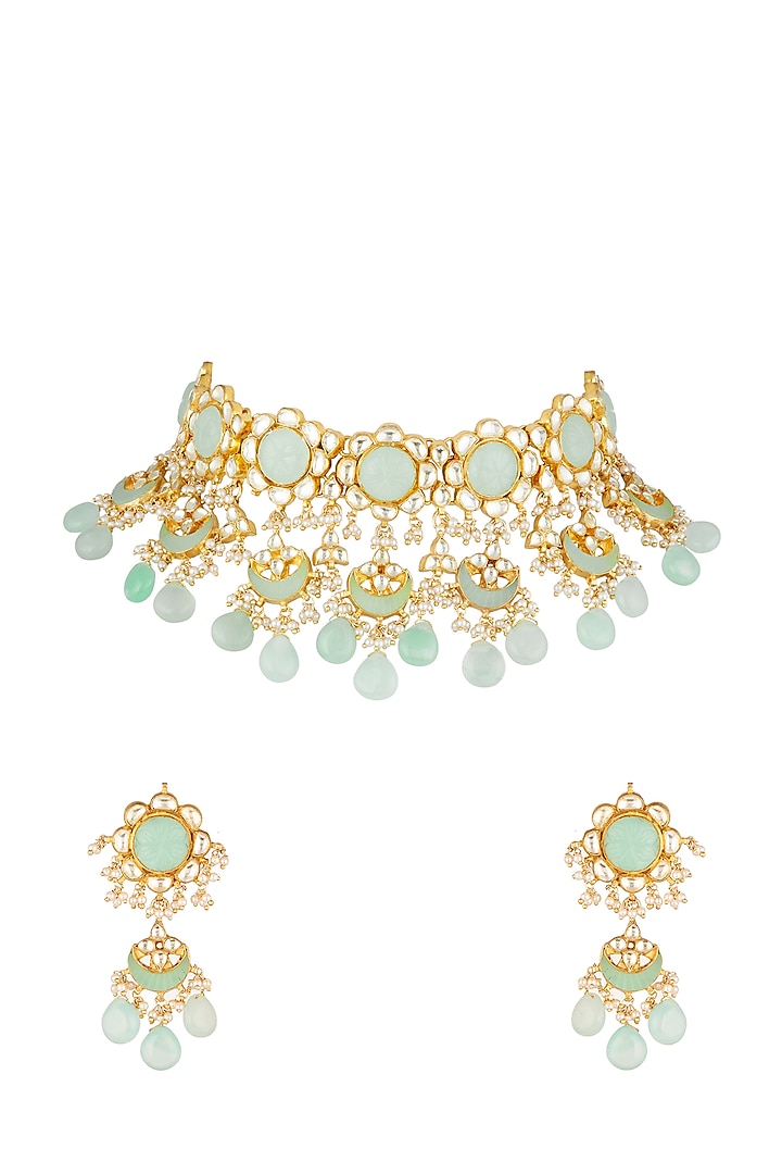 Gold Finish Beads & Kundan Necklace Set by Khushi Jewels