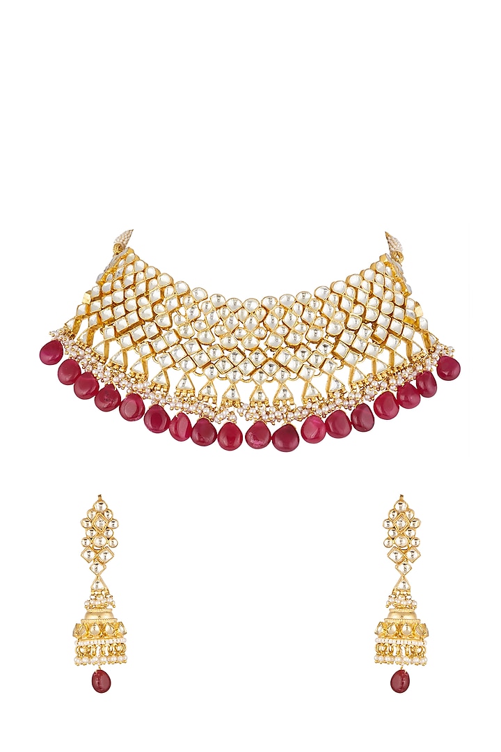 Gold Finish Ruby Necklace Set by Khushi Jewels