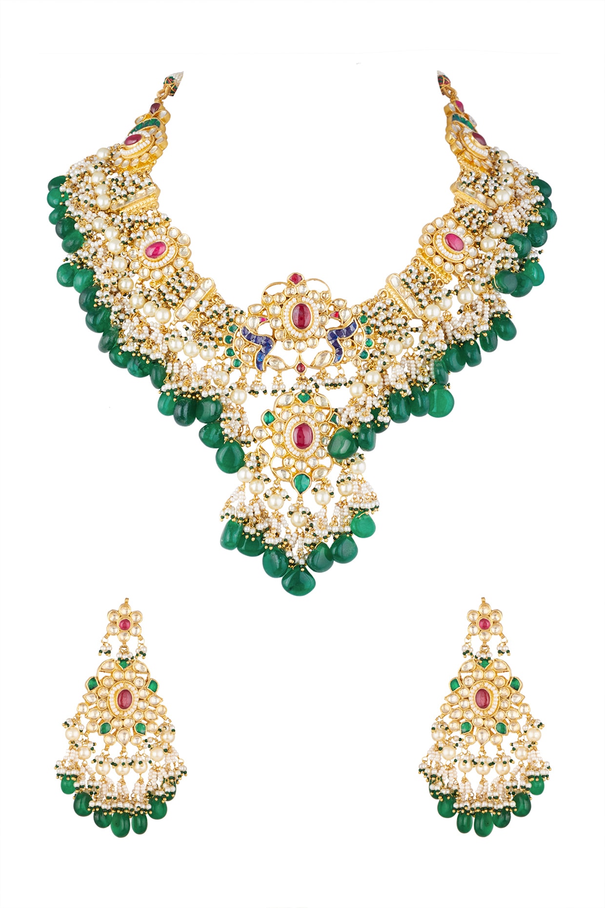 Multi Gemstone Kundan & Jade Necklace Set - Gold Finish Ethnic Jewelry