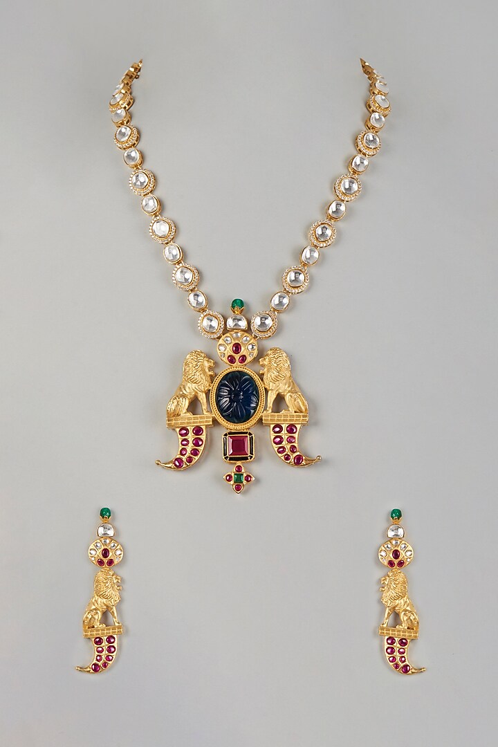 Gold Finish Kundan Polki Long Necklace Set by Khushi Jewels at Pernia's Pop Up Shop