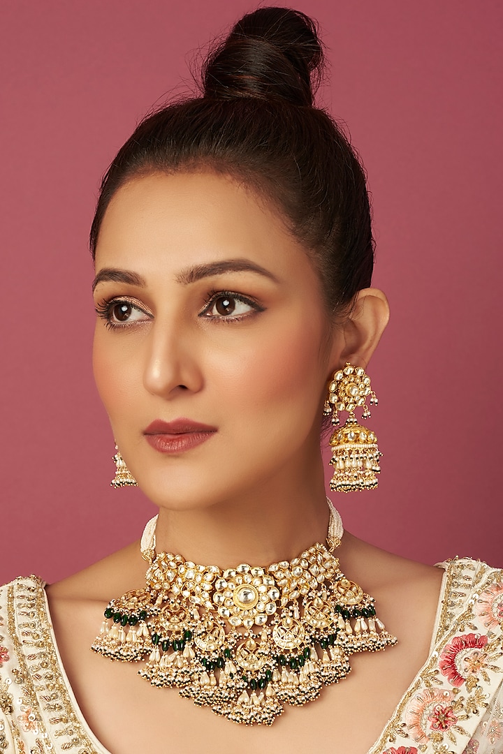 Gold Finish Kundan Polki & Green Drops Necklace Set by Khushi Jewels