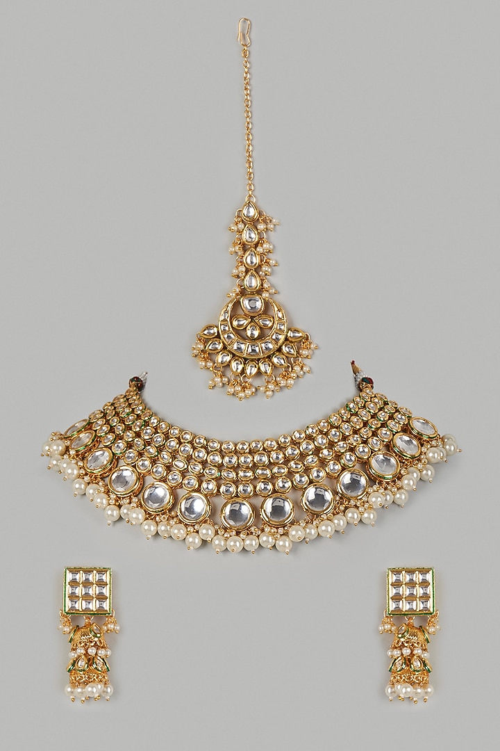 Gold Finish Necklace Set With Kundan Polki & Pearls by Khushi Jewels at Pernia's Pop Up Shop