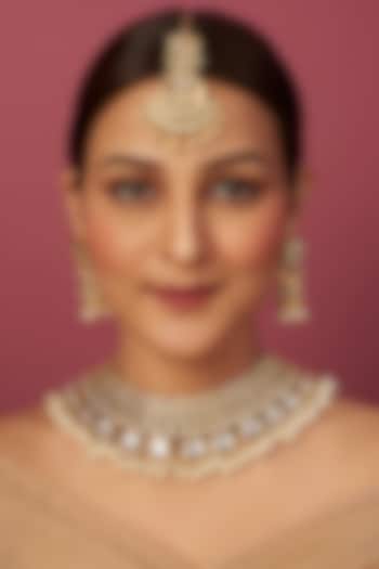 Gold Finish Necklace Set With Kundan Polki & Pearls by Khushi Jewels at Pernia's Pop Up Shop