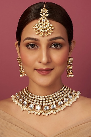 Gold Finish Necklace Set With Kundan Polki & Pearls by Khushi Jewels