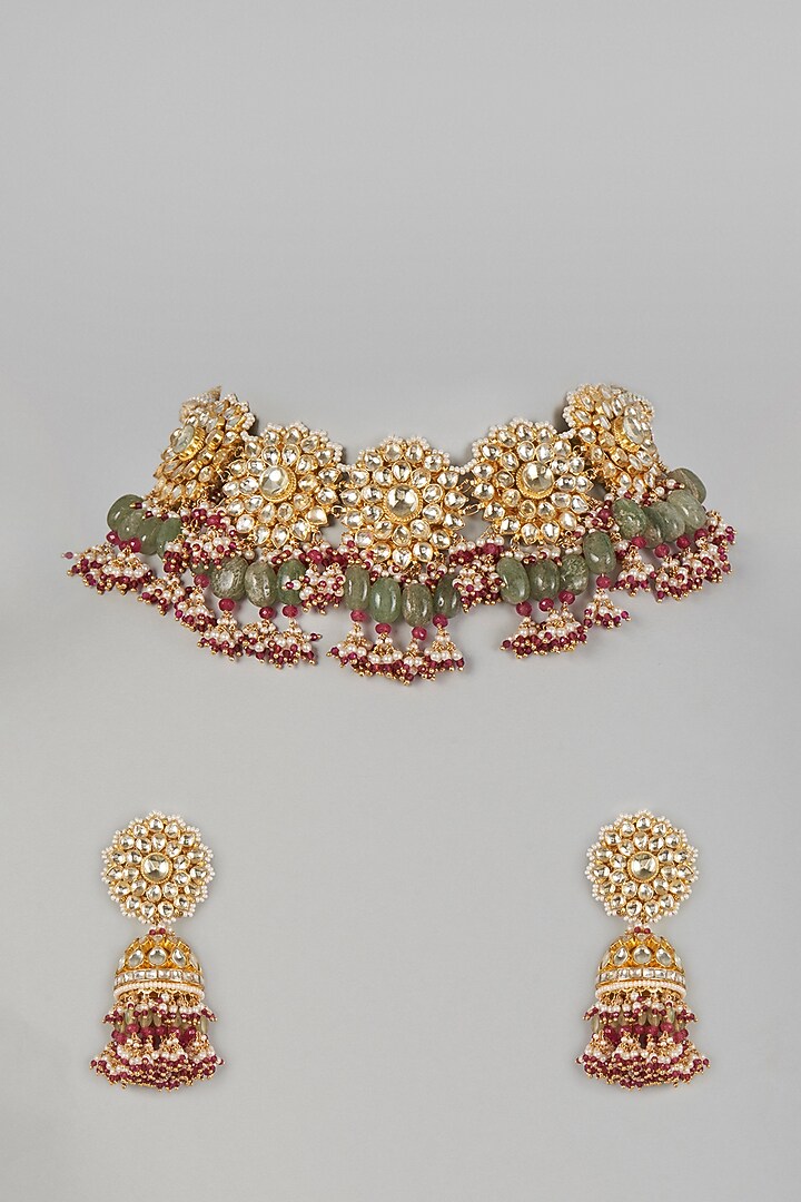 Gold Finish Choker Necklace Set With Kundan Polki by Khushi Jewels at Pernia's Pop Up Shop