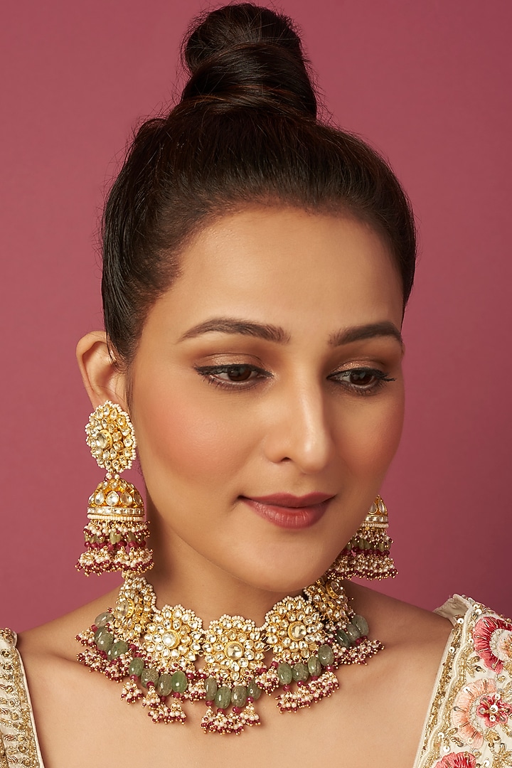 Gold Finish Choker Necklace Set With Kundan Polki by Khushi Jewels at Pernia's Pop Up Shop
