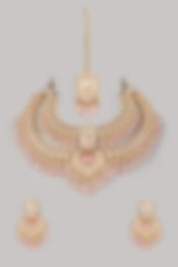 Gold Finish Long Necklace With Kundan Polki & Pink Drops by Khushi Jewels