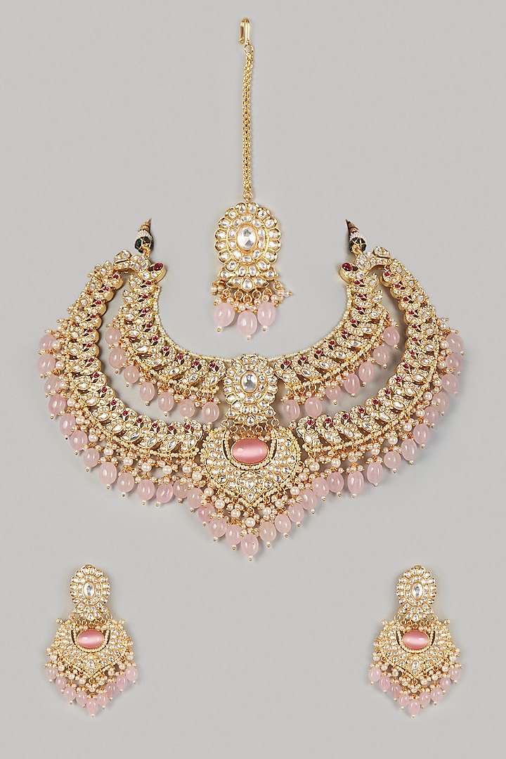 Gold Finish Long Necklace With Kundan Polki & Pink Drops by Khushi Jewels