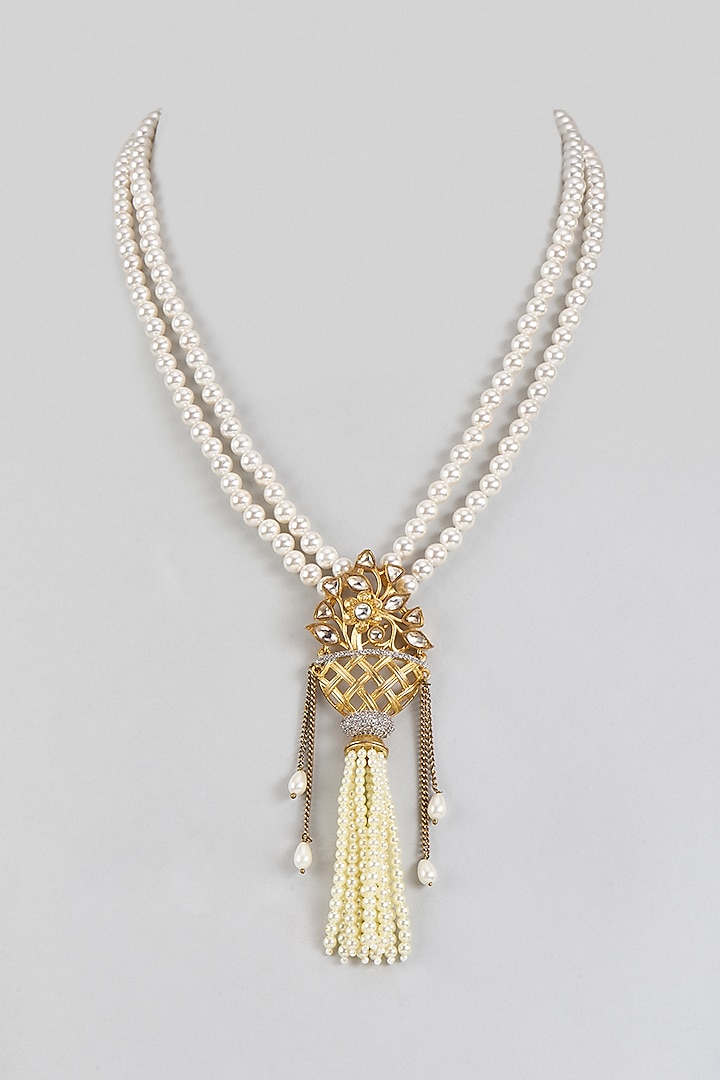 Antique Gold Finish White Pearl Pendant Mala Necklace by Khushi Jewels at Pernia's Pop Up Shop