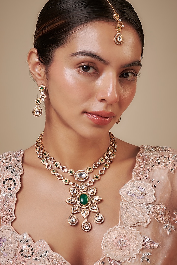 Gold Finish Kundan Polki & Green Stone Necklace Set by Khushi Jewels at Pernia's Pop Up Shop